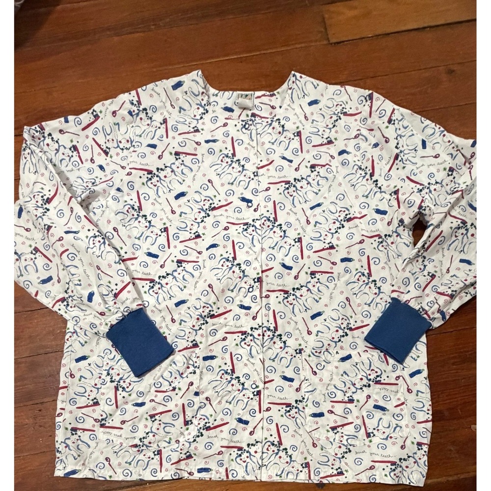 UA Scrubs Dental Print Snap Front Warm Up Jacket Womens Large Blue Cuffs Pockets
